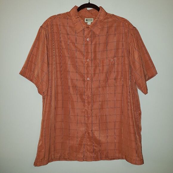HAGGAR CLOTHING ORANGE PLAID SHORT SLEEVE BUTTON DOWN SIZE LARGE - Picture 1 of 3